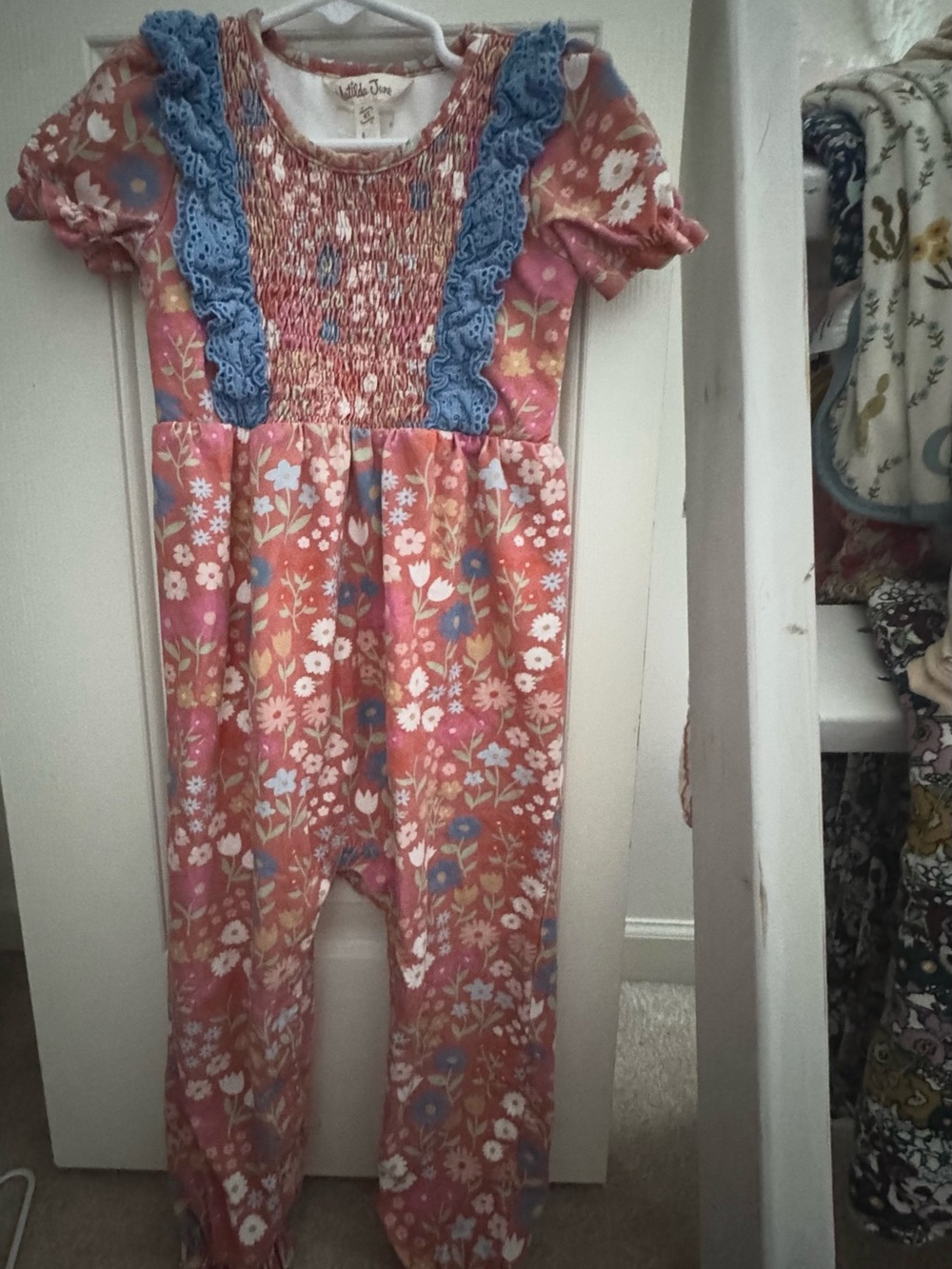 Matilda Jane Coral Floral Romper with Blue Lace